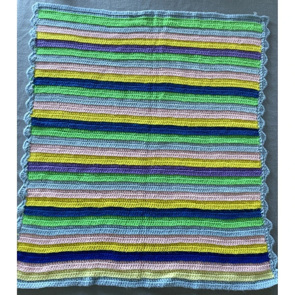 Vintage Handmade Baby Blanket Pink Blue Purple Green Yellow Crochet 30x35